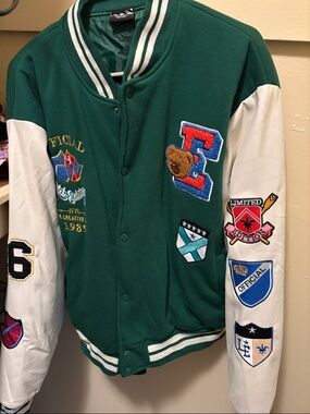 Green & White Kids Varsity Jacket with Embroidered Patches